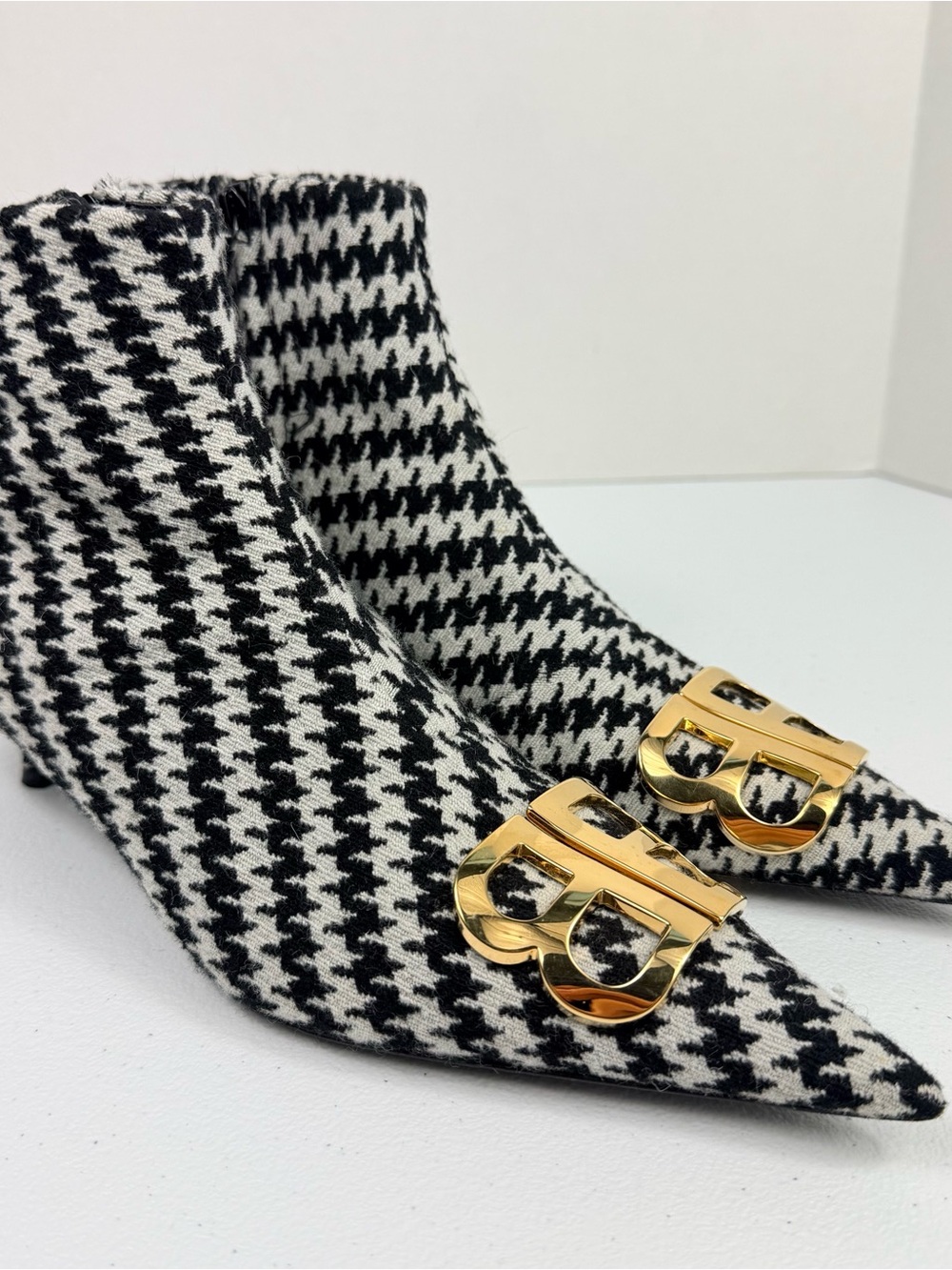 Balenciaga Black & White Houndstooth Pointed-Toe Ankle Boots with Gold Buckle De